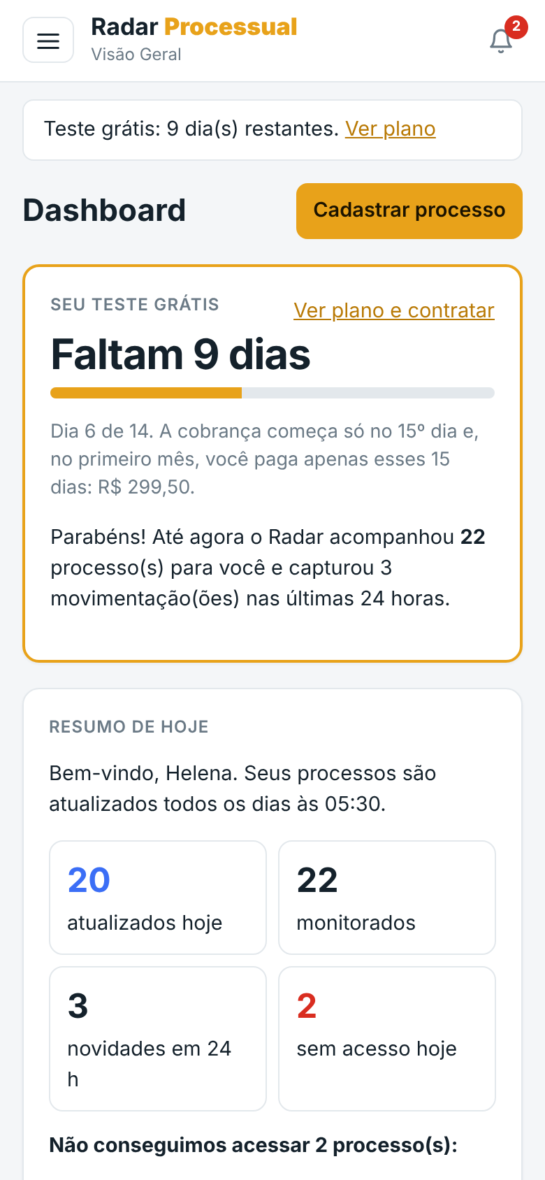 Painel do Radar Processual no celular